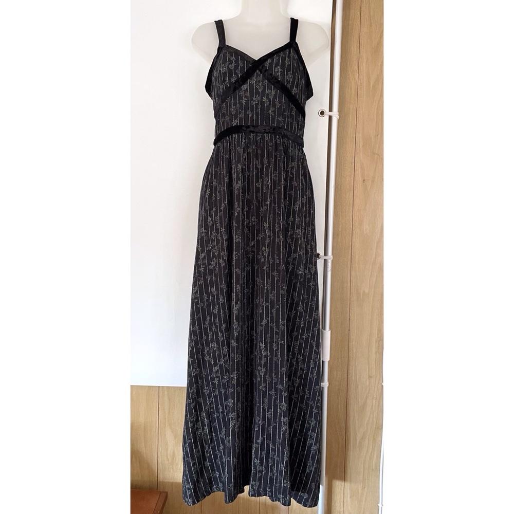 Black Patterned Maxi Dress with Velvet Trim